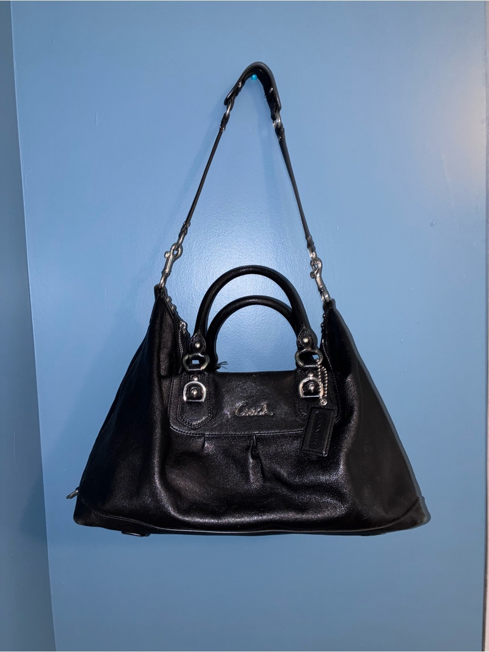 Coach Black Leather Shoulder Bag with Top Handles and Strap